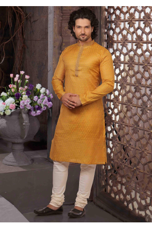 Golden with White Color Silk Kurta Set